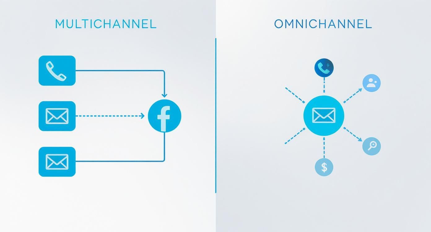 An infographic showing the difference between multichannel and omnichannel marketing. Multichannel is depicted with disconnected channels, while omnichannel shows channels interconnected through a central hub, representing a unified customer experience.