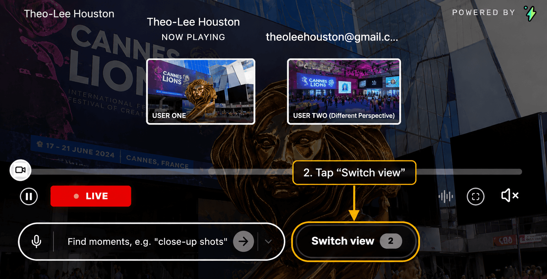 Switch view popover showing the now-playing camera and other angles