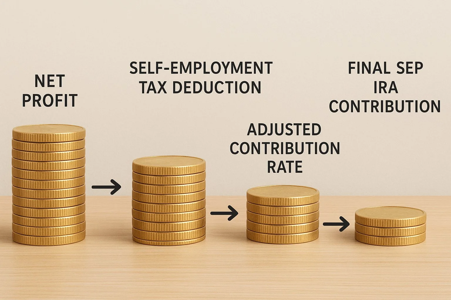 Step-by-step illustration showing net profit, self-employment tax deduction, adjusted contribution rate, and final SEP IRA contribution represented by stacks of coins.