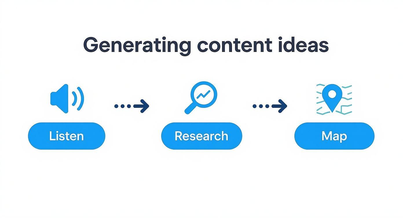A diagram illustrating three steps for generating content ideas: Listen, Research, and Map.