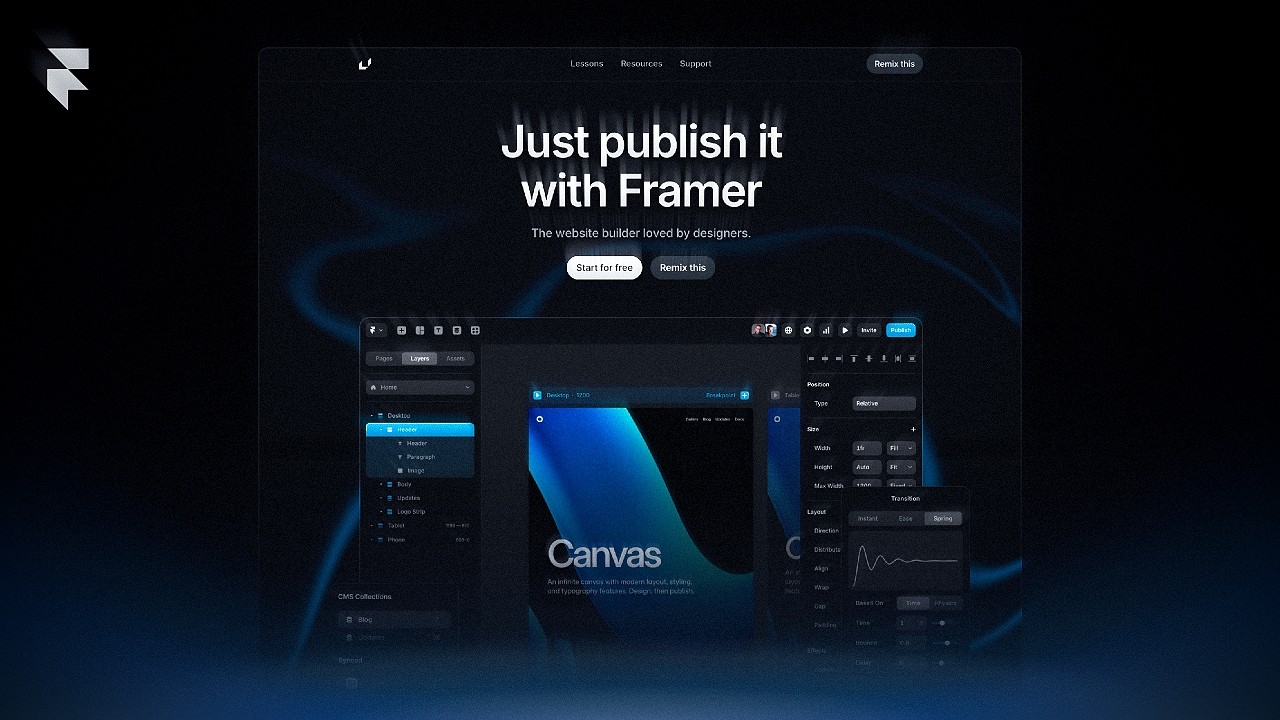 Website interface on Framer platform showcasing 'Just publish it with Framer' headline with design tools visible, emphasizing a user-friendly builder for designers