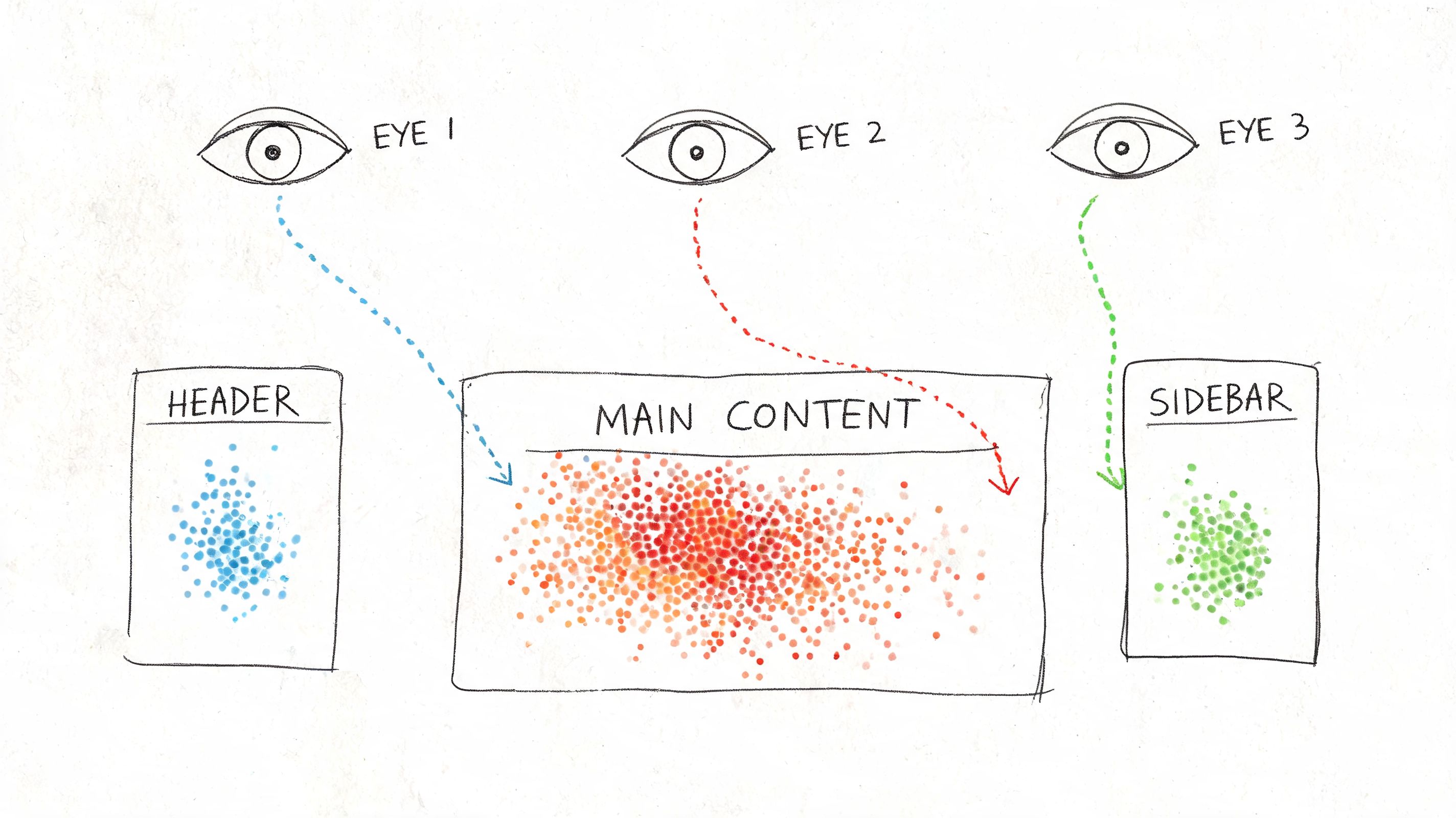A hand-drawn diagram illustrating eye-tracking heatmaps for website header, main content, and sidebar layout elements.