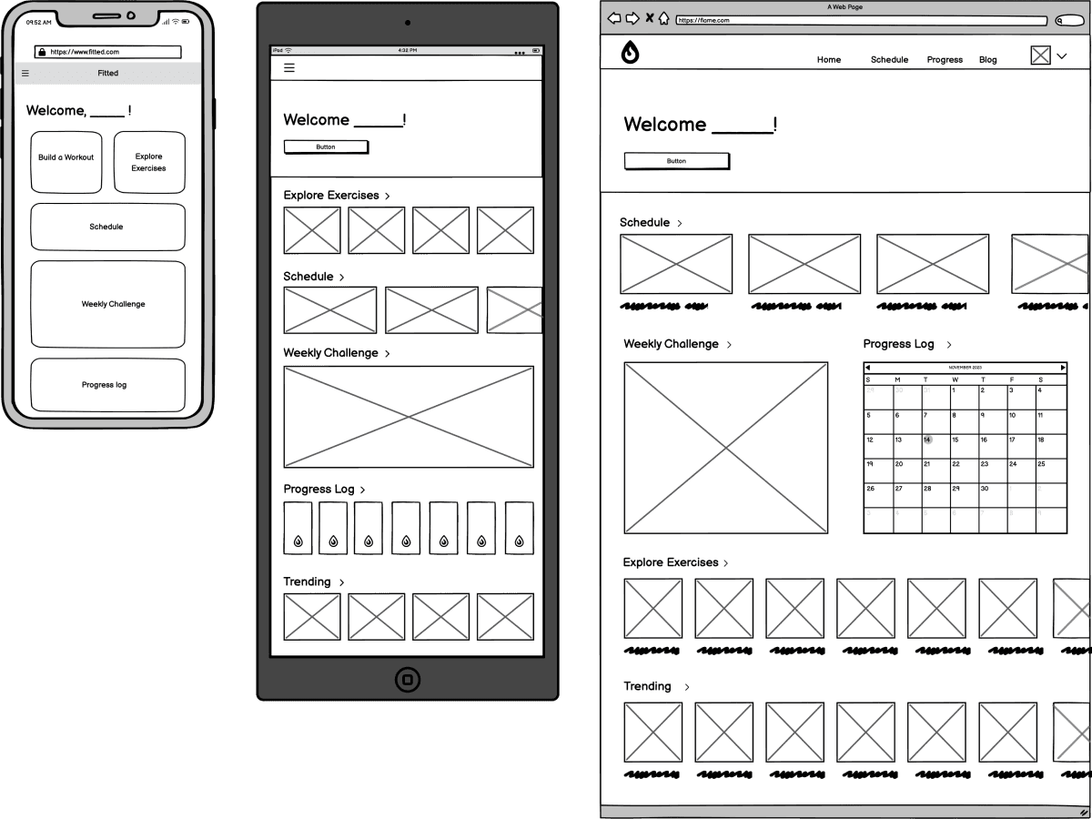 3 low fidelity wireframes of mobile, tablet, and desktop