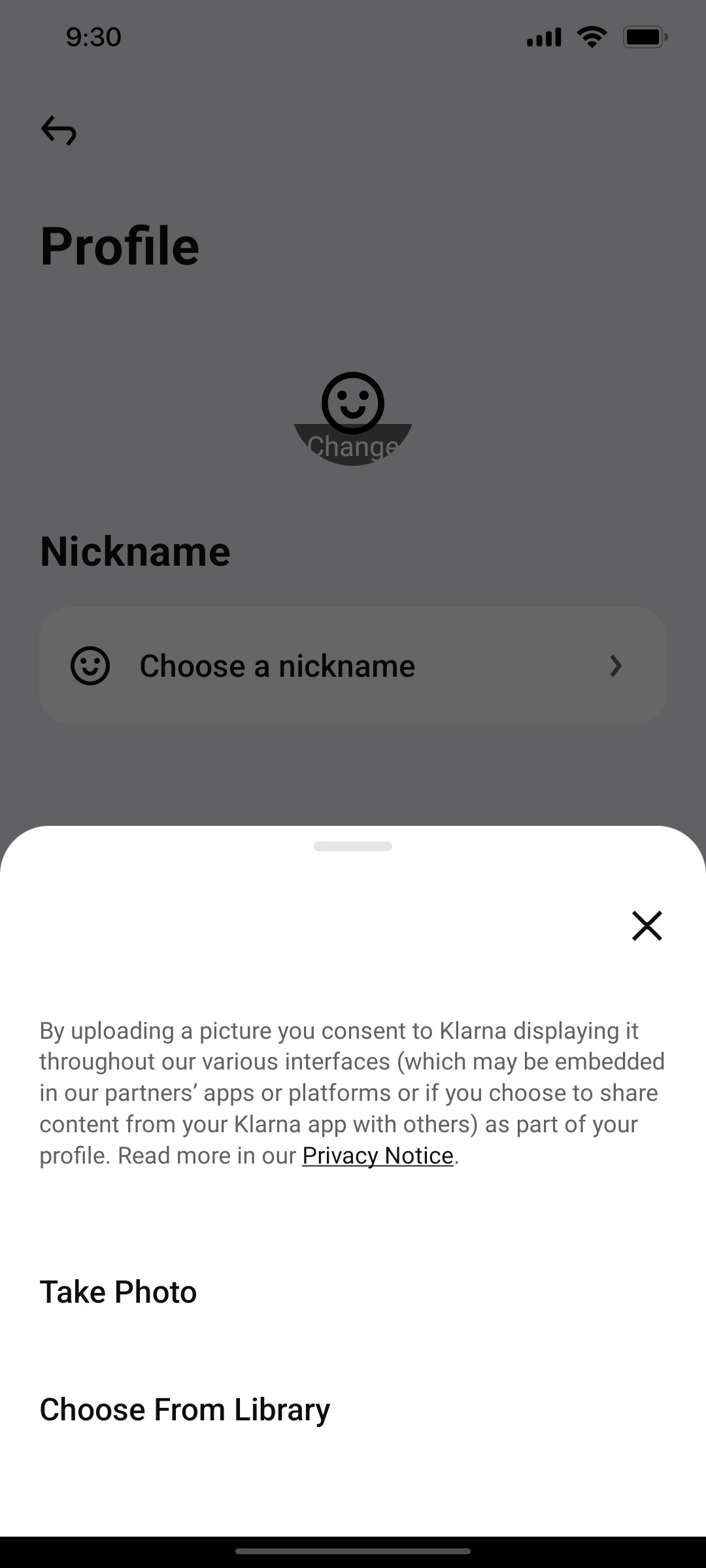 Klarna Take a photo Page Screen