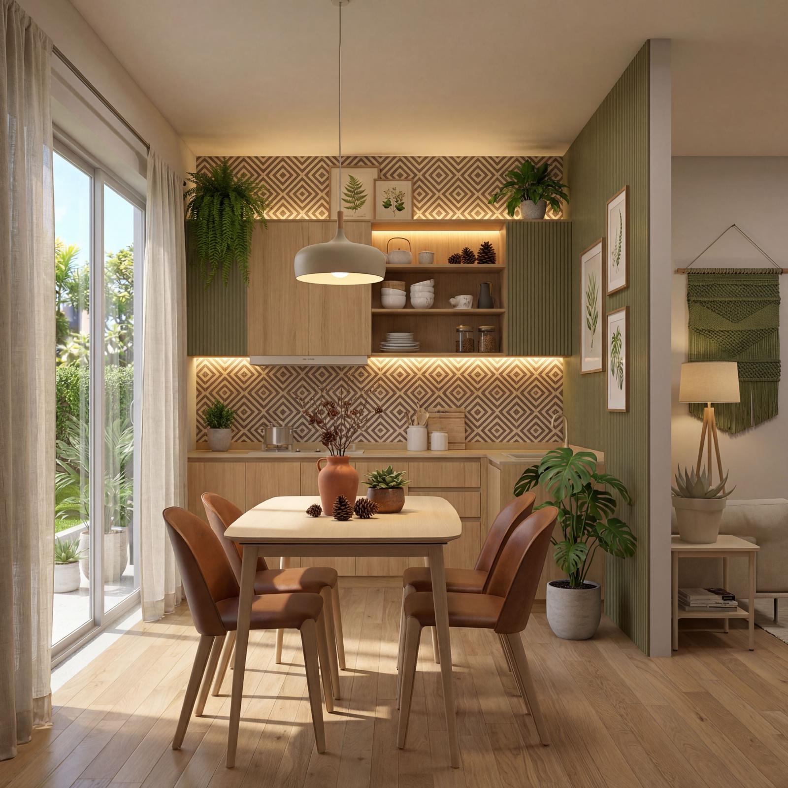 Rendering di una cucina moderna open space con zona pranzo luminosa, inserita nei nuovi appartamenti a Torino Ovest vicino alla fermata della metropolitana.