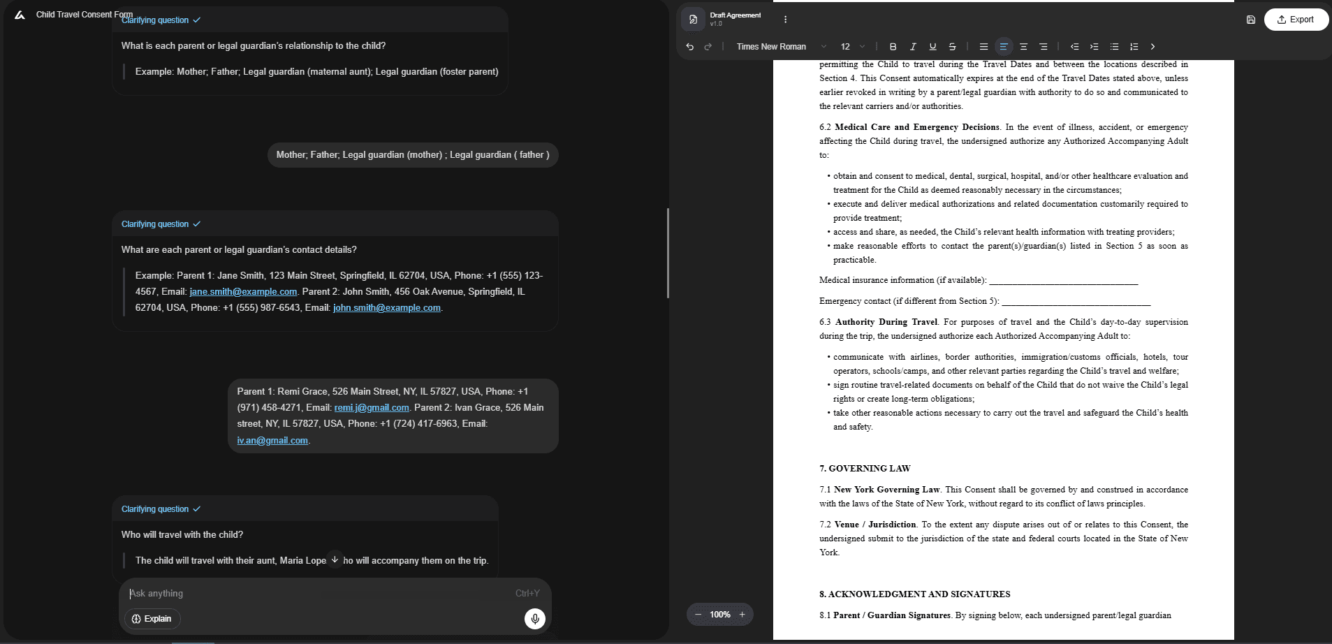Split-screen interface showing an AI Lawyer collecting parent, guardian, and travel companion details for a child travel consent form while generating the draft agreement on the right.