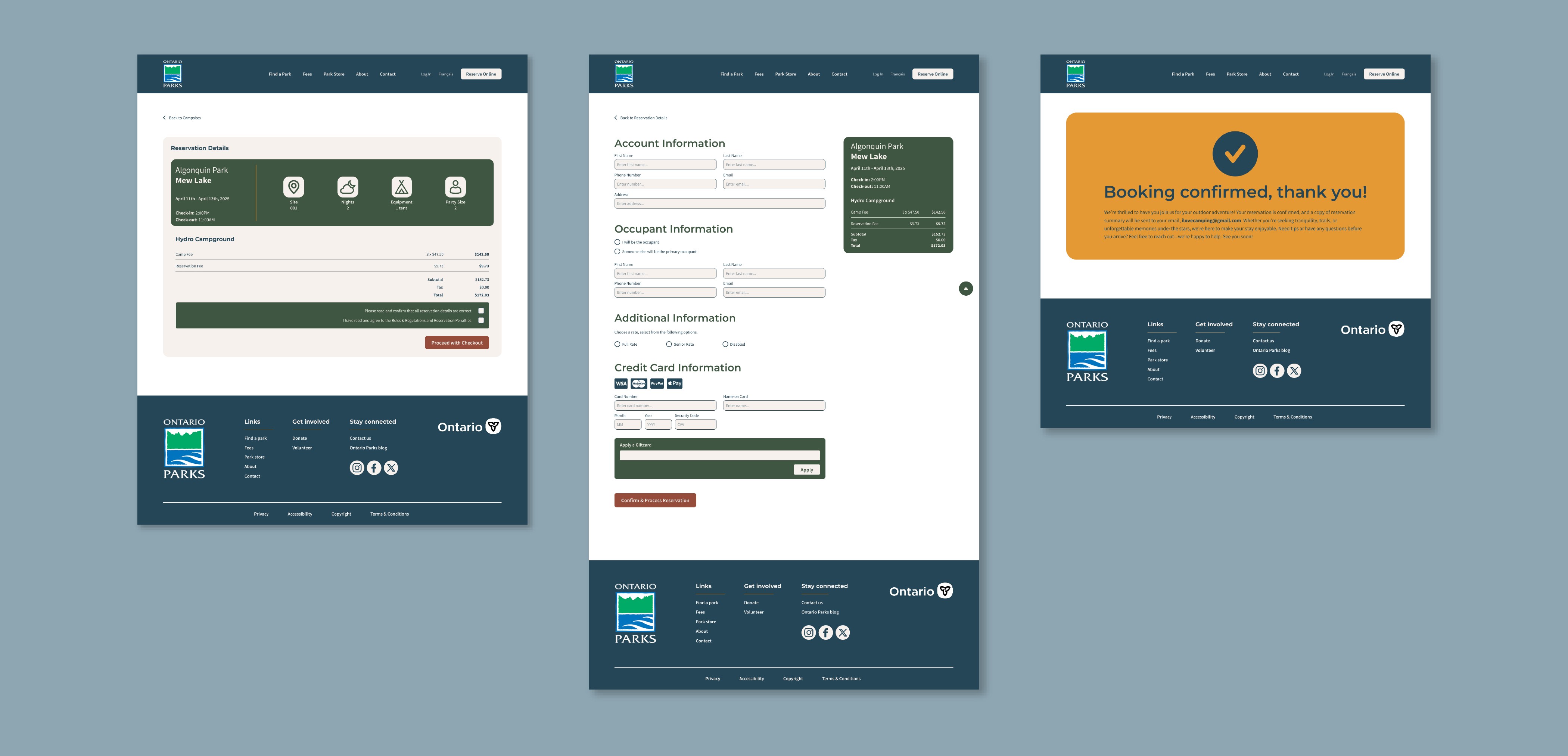 The image depicts the user flow for a campsite booking process, including a reservation summary page with icon-based details, a comprehensive checkout form for account and payment information, and a bright yellow confirmation screen.
