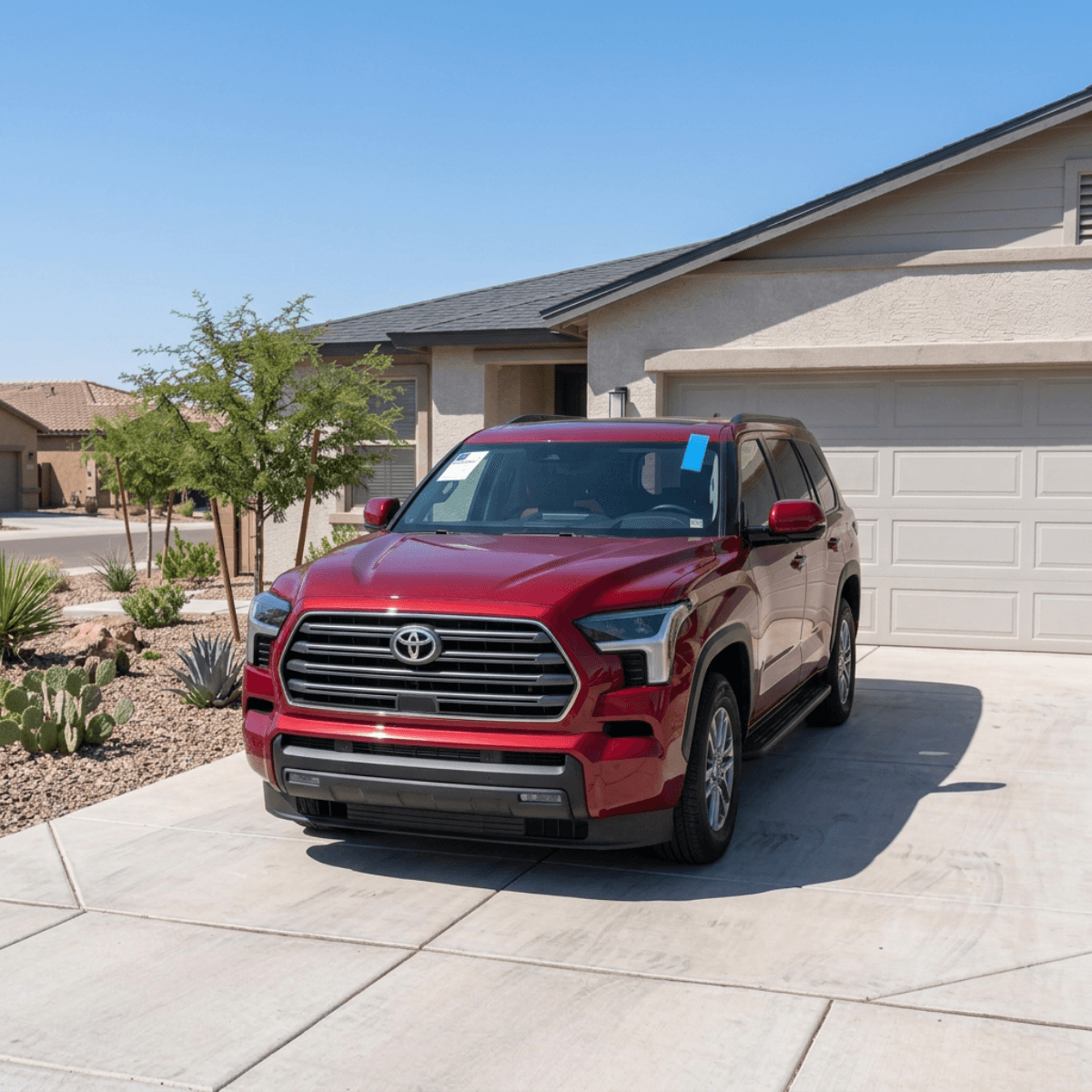 New windshield installed on a red Toyota Sequoia at a residence in Surprise, Arizona