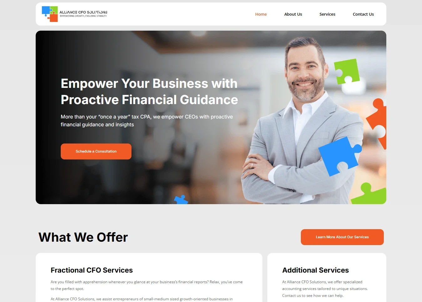 Alliance CFO Solutions website design preview – financial consulting and business strategy web design by RJP.design Web Design Agency NYC, showcasing proactive accounting and CFO advisory services.