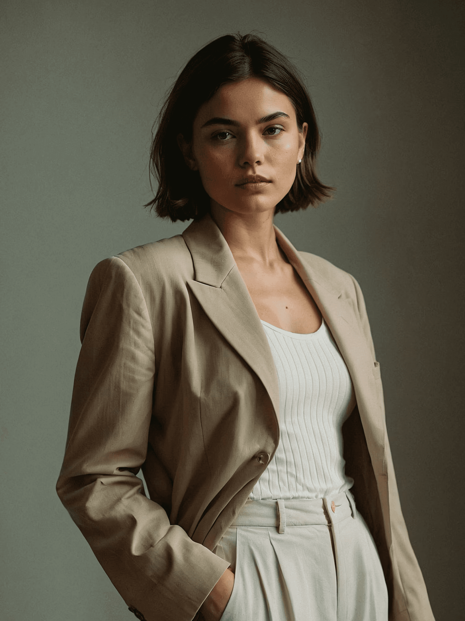 A calm lady wearing brown overcoat with a white top looking towards camera