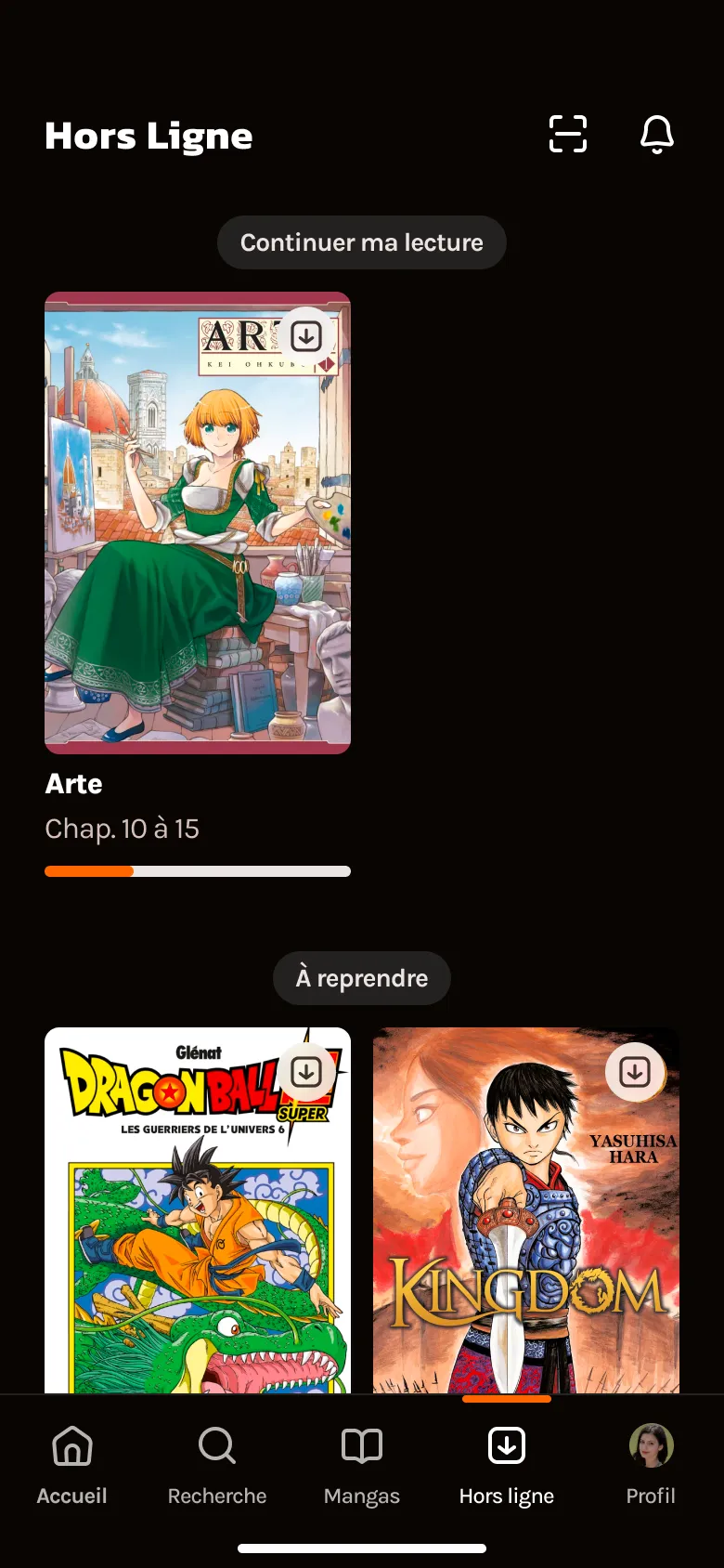 Page affichant les mangas téléchargés hors ligne, permettant de les lire dans toutes les situations