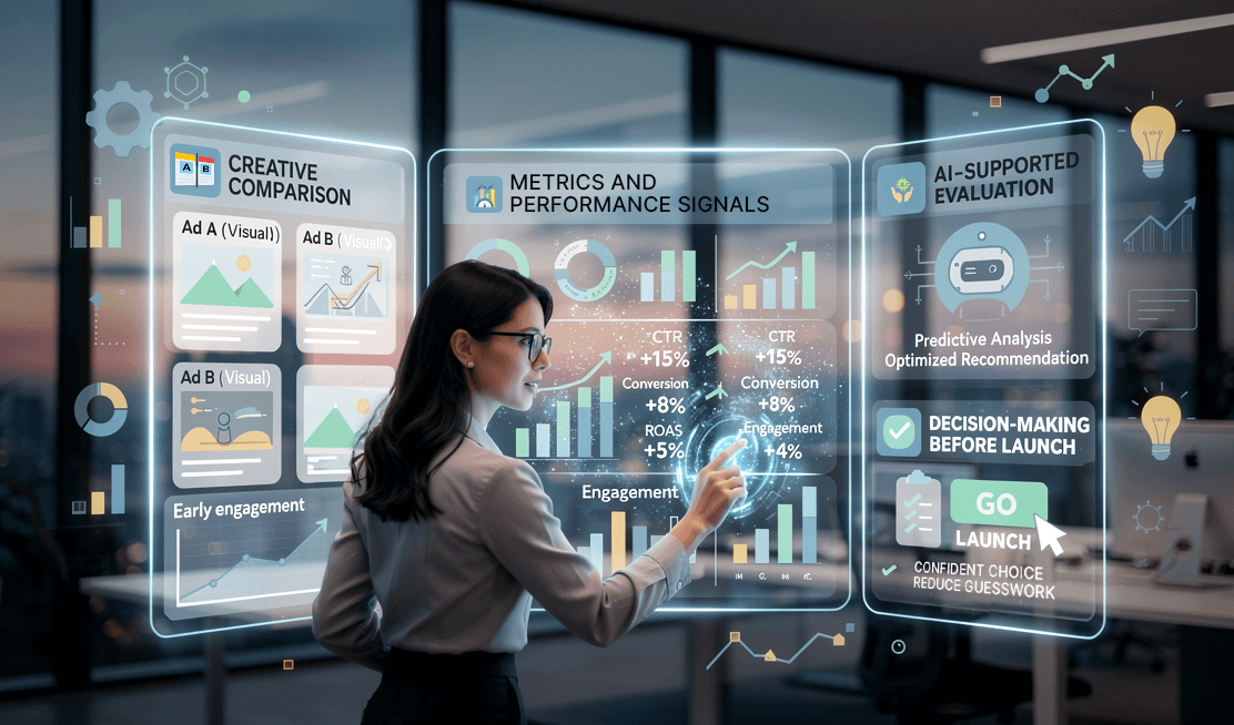 A marketer reviews ad creatives, performance signals, and AI-supported recommendations on a digital dashboard before making a launch decision.