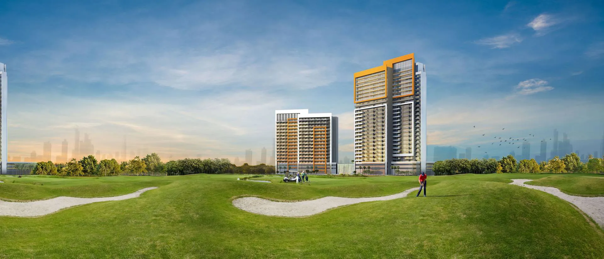 Apartment for sale in the hills of Dubai, featuring views of Golf Vita and surrounding landscapes.