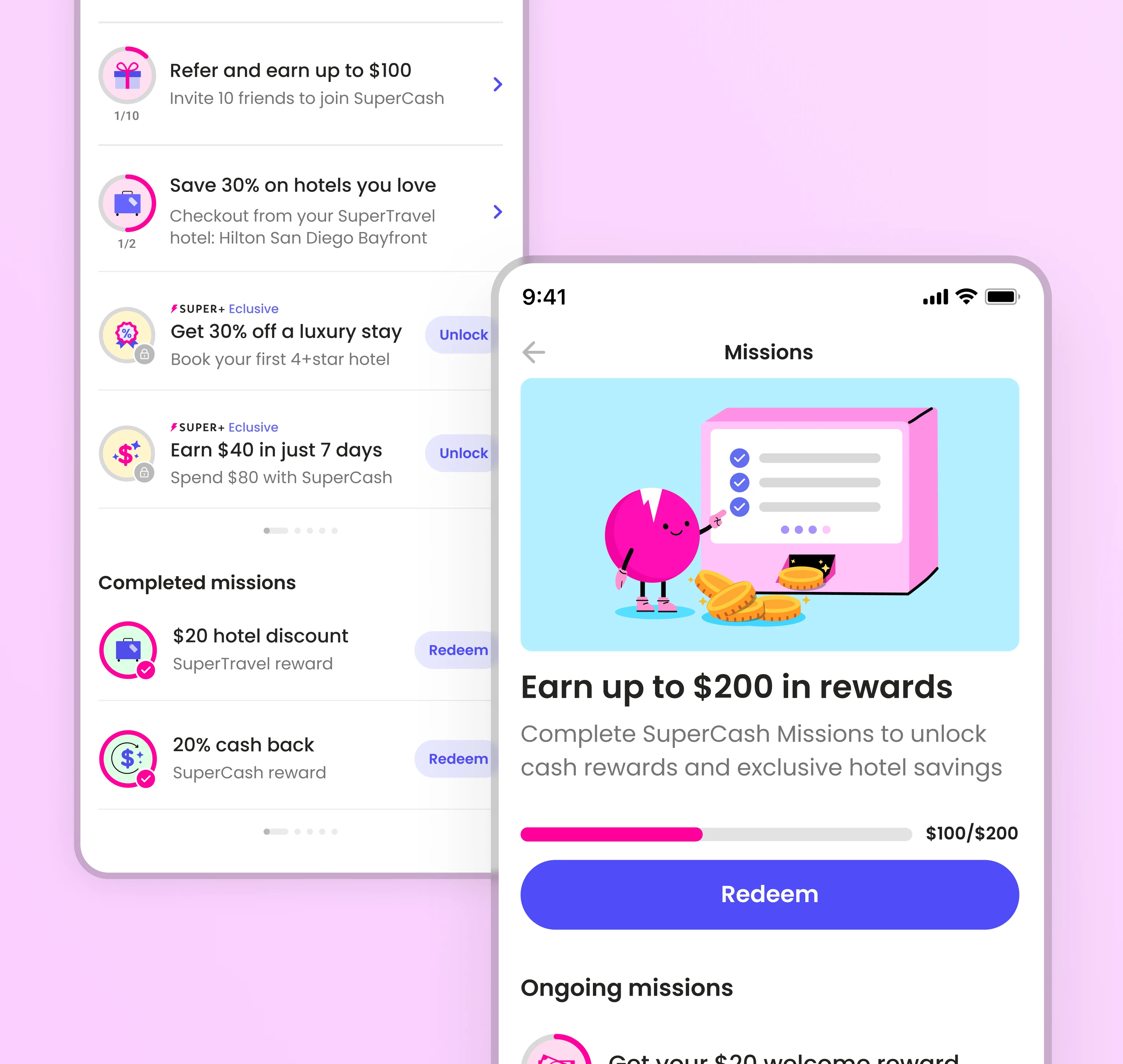Product design mockup of Super.com’s Missions dashboard showing ongoing and completed tasks, highlighting how clear progress tracking improved user engagement and reward completion.
