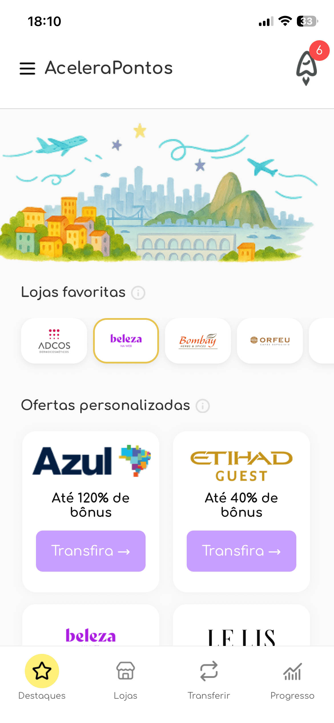 tela do app de milhas acelerapontos mostrando campanhas de transferências bonificadas