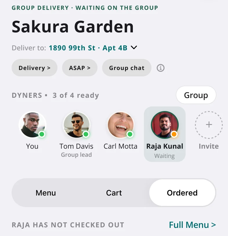 Group delivery Session Home while the group waits: three of four ready, Raja Kunal marked Waiting on the roster, and a line reading Raja has not checked out.