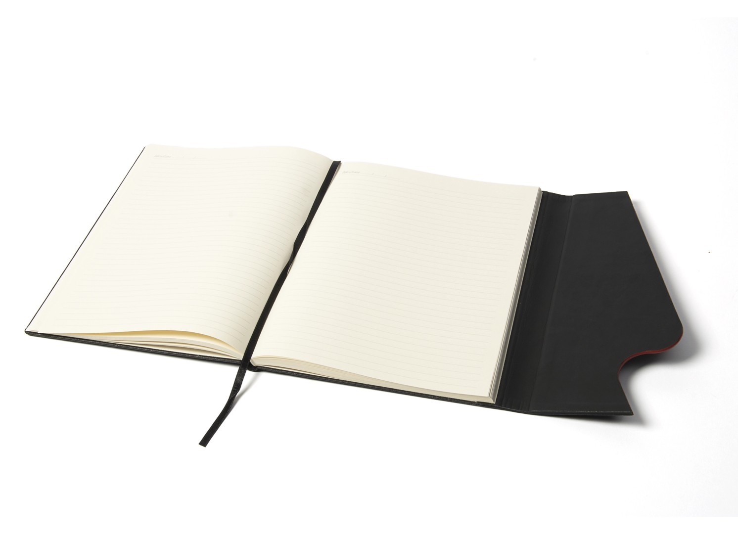 Open notebook displaying lined pages and black ribbon bookmark.