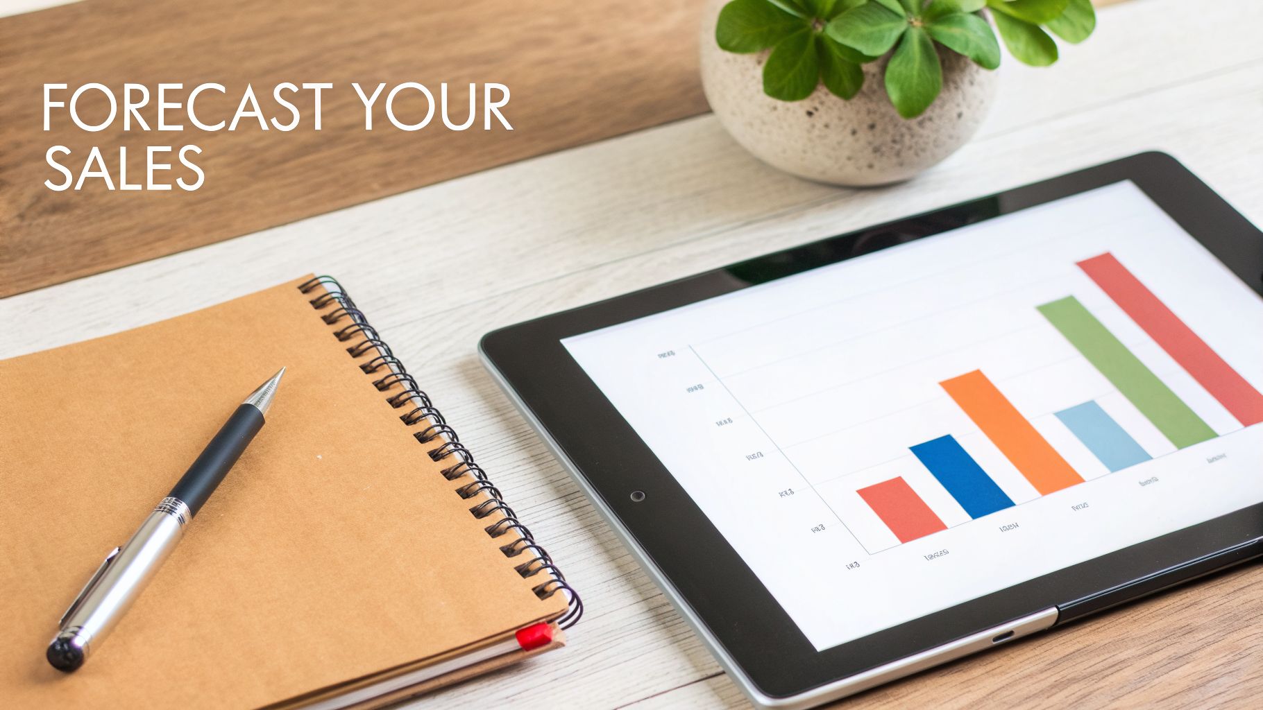 A tablet displaying a sales forecast chart, next to a notebook and pen, with the text 'FORECAST YOUR SALES'.