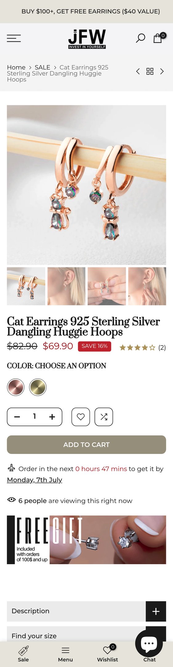Jewelry product options include: earring for Cat Earrings 925 Sterling Silver Dangling Huggie Hoops | JFW from JewelsForWomen.