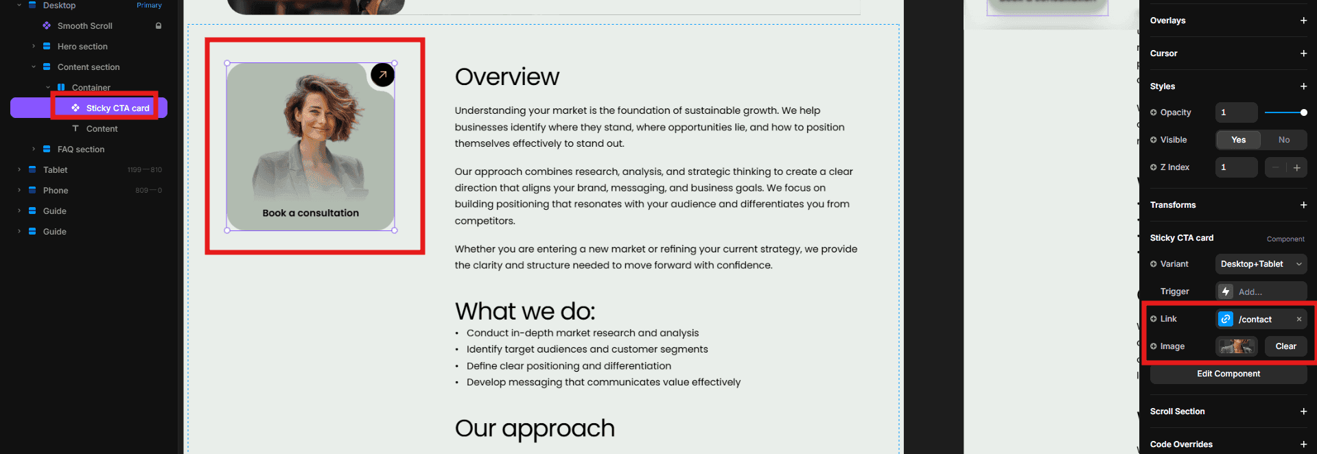 Editing the consultation card on a Nexias service detail page