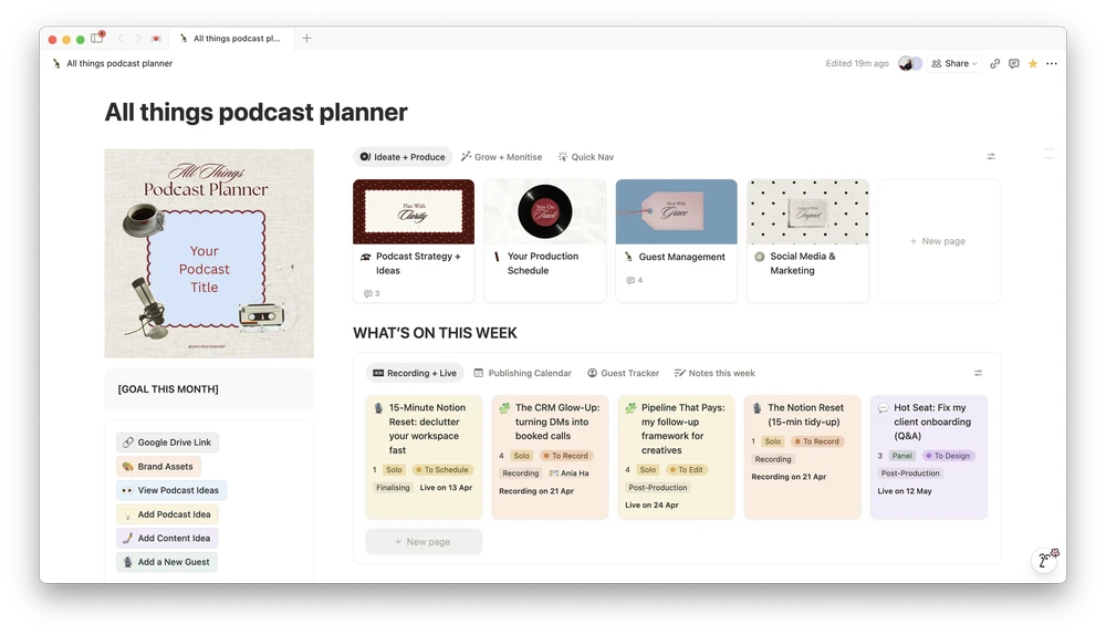 All Things Podcast Planner Notion dashboard showing podcast ideas, production schedule, guest management, and social media planning
