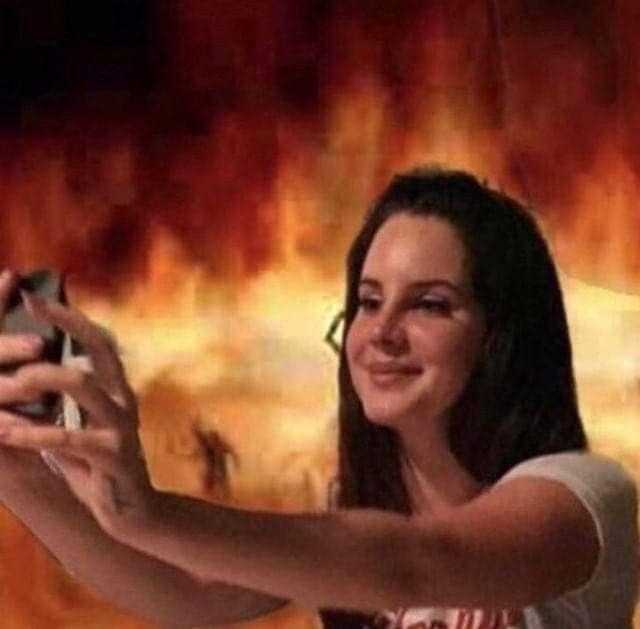 Meme of a woman calmly taking a selfie in front of a wall of flames