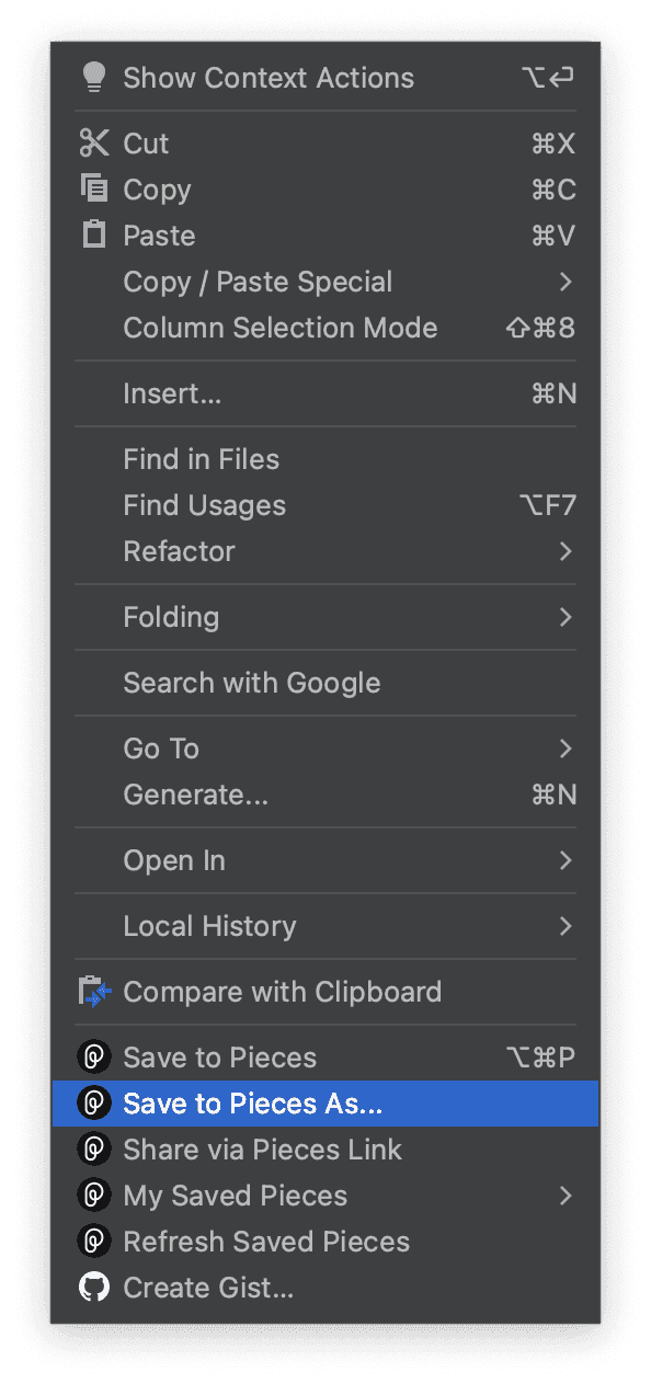 The right-click context menu for Pieces for JetBrains.