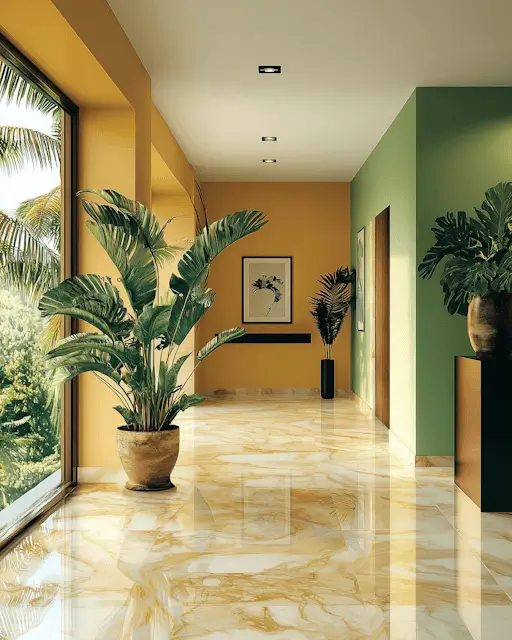 Bright hallway interior with floor-to-ceiling windows, art prints, and a banana leaf plant.