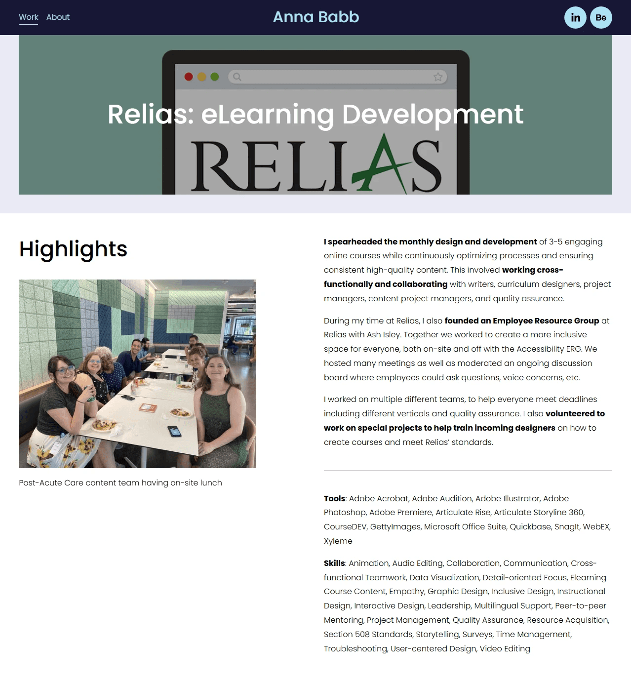 Screenshot of Anna Babb's previous Squarespace Relias case study page. Navy header with the Relias logo and title "Relias: eLearning Development." Below is a Highlights section with a photo of people at a table and dense paragraph text. The page continues with Additional Activities sections containing three image placeholders side by side, each with caption text beneath them.