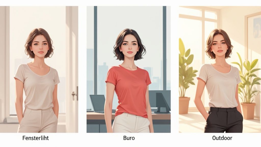 Drei Illustrationen einer jungen Frau mit Bob-Frisur, die verschiedene Geschäftskleidung in unterschiedlichen Umgebungen trägt.