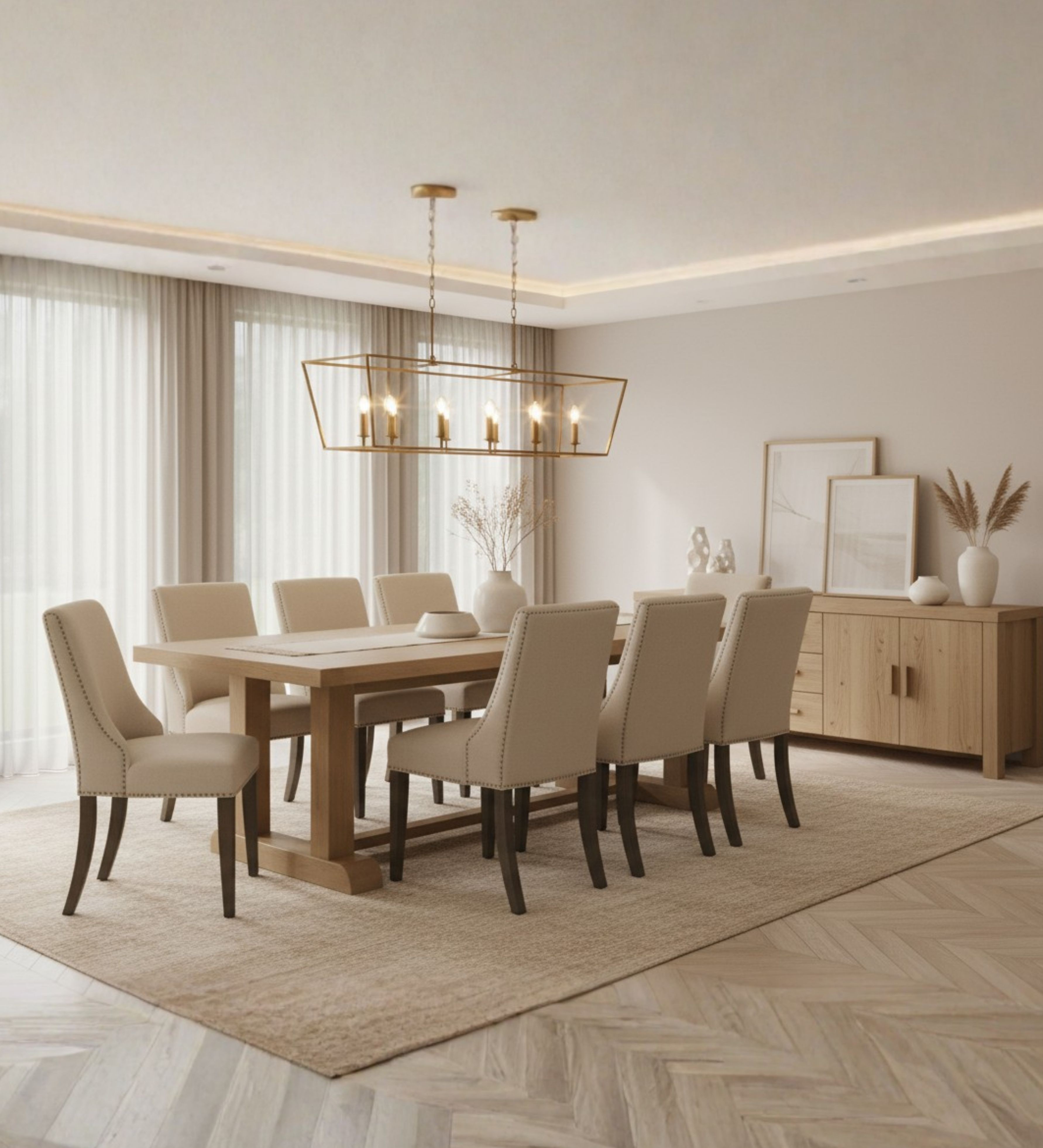 Rectangular solid wood dining set with high‑back upholstered chairs arranged for larger group dining