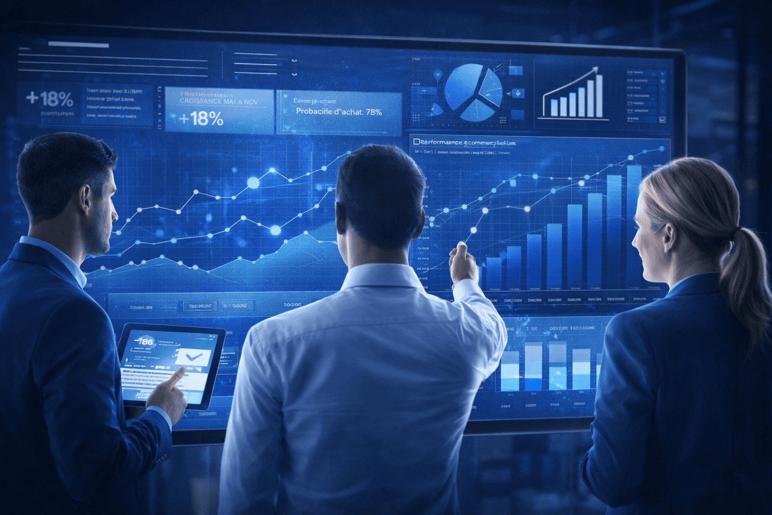 Équipe de PME analysant un tableau de bord IA avec graphiques et indicateurs de performance pour le pilotage stratégique