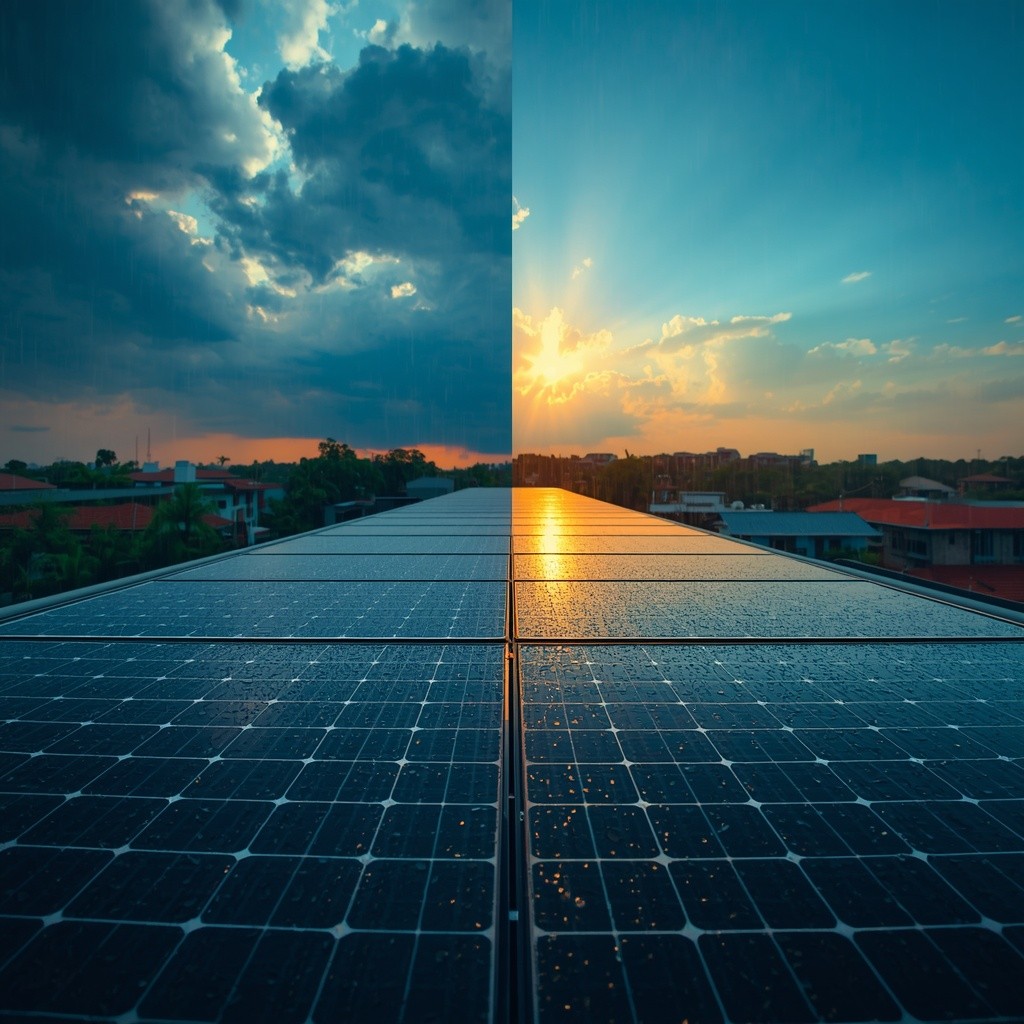 Solar panels working during monsoon rain season India Karnataka Arush Solar Tech