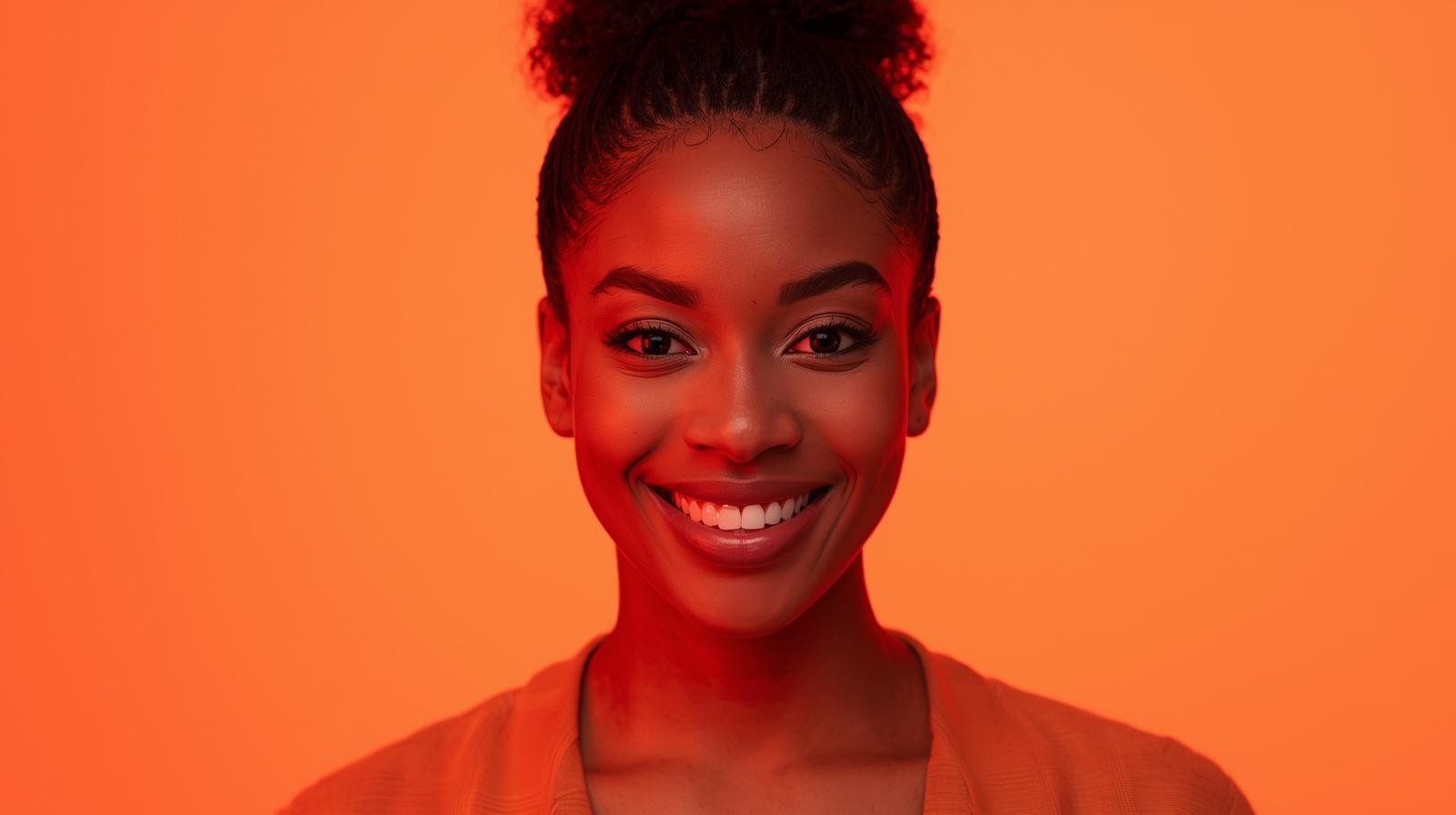 woman staring directly at camera near pink wall