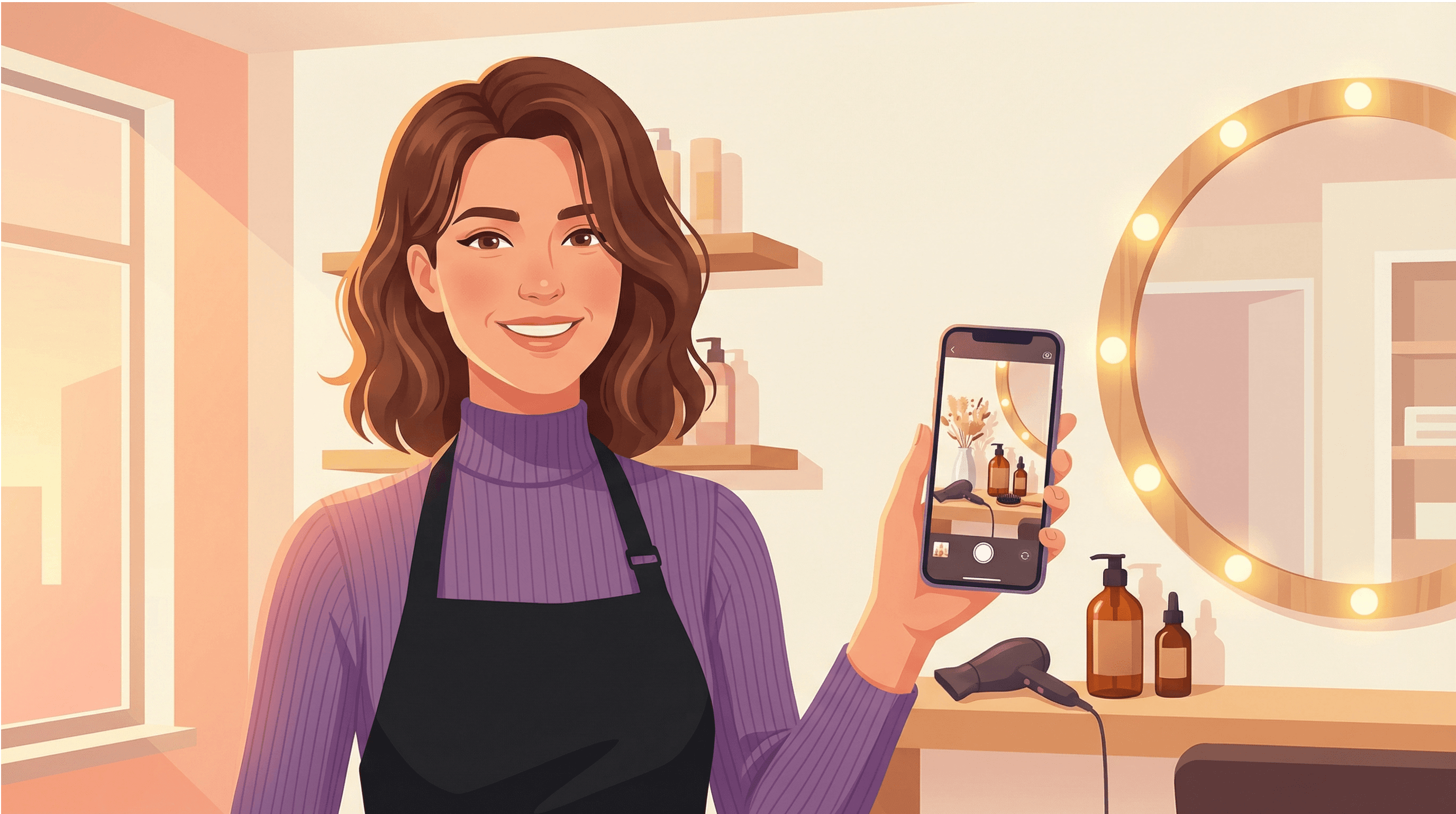 Eine lächelnde Friseurin in ihrer 30ern mit schulterlangem braunem Haar steht in ihrem hellen, modernen Friseursalon und hält ihr Smartphone in der Hand, um Fotos von Styling-Produkten für Instagram zu machen. Sie trägt eine schwarze Schürze über einem lila Rollkragenpullover. Im Hintergrund sind ein beleuchteter Frisierspiegel, professionelle Haarpflegeprodukte und natürliches Tageslicht zu sehen. Die Szene strahlt Kreativität, Professionalität und die Freude am Content-Erstellen für Social Media aus.