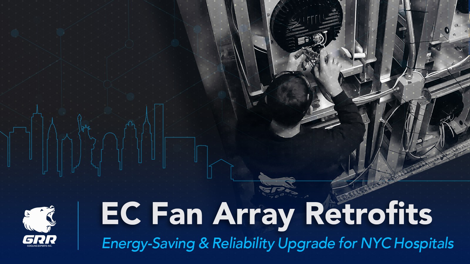 EC fan array retrofit installed in an air handling unit serving NYC hospitals and commercial buildings.