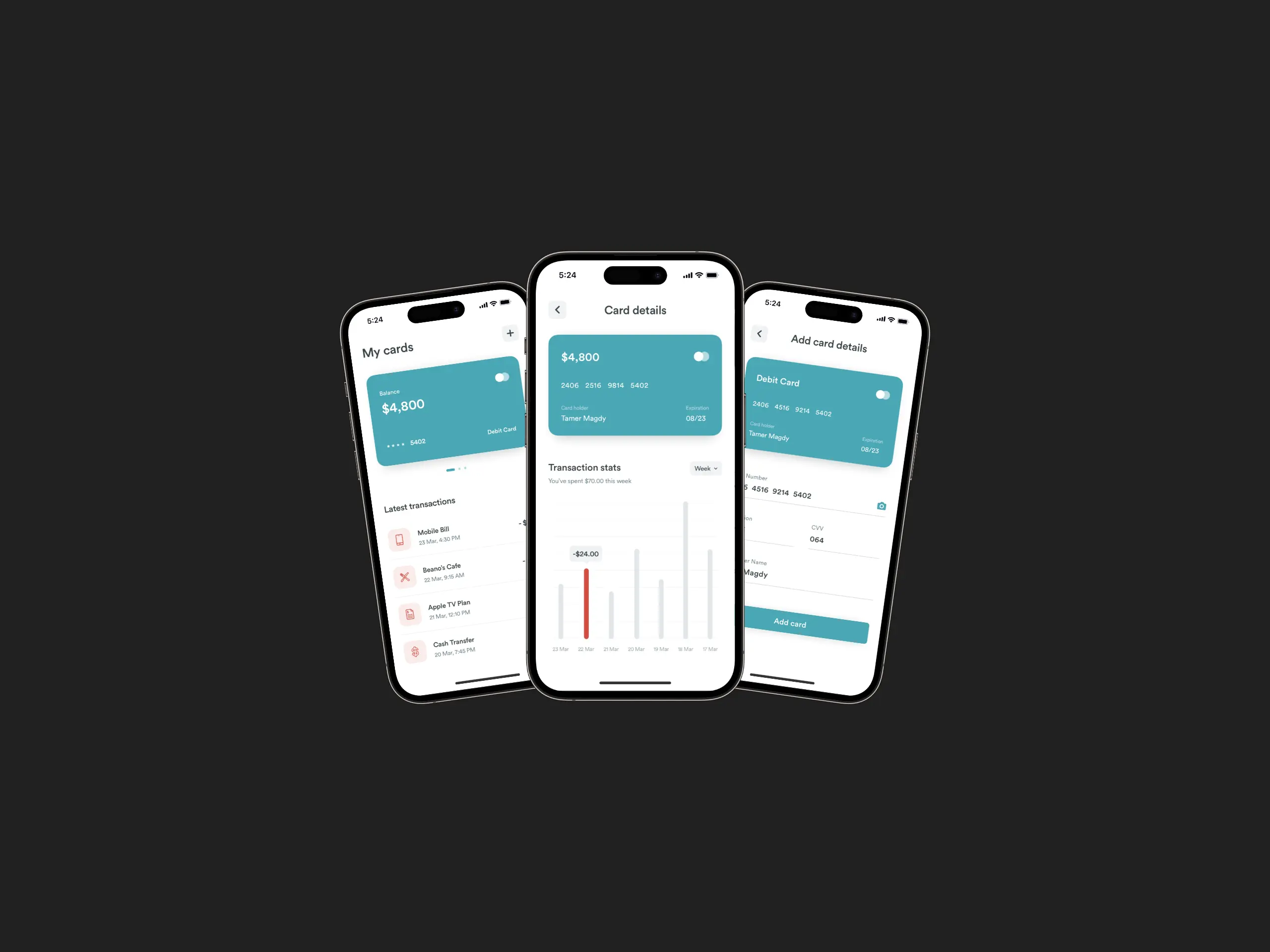 A screenshot of cashless home, card details, and add card screens