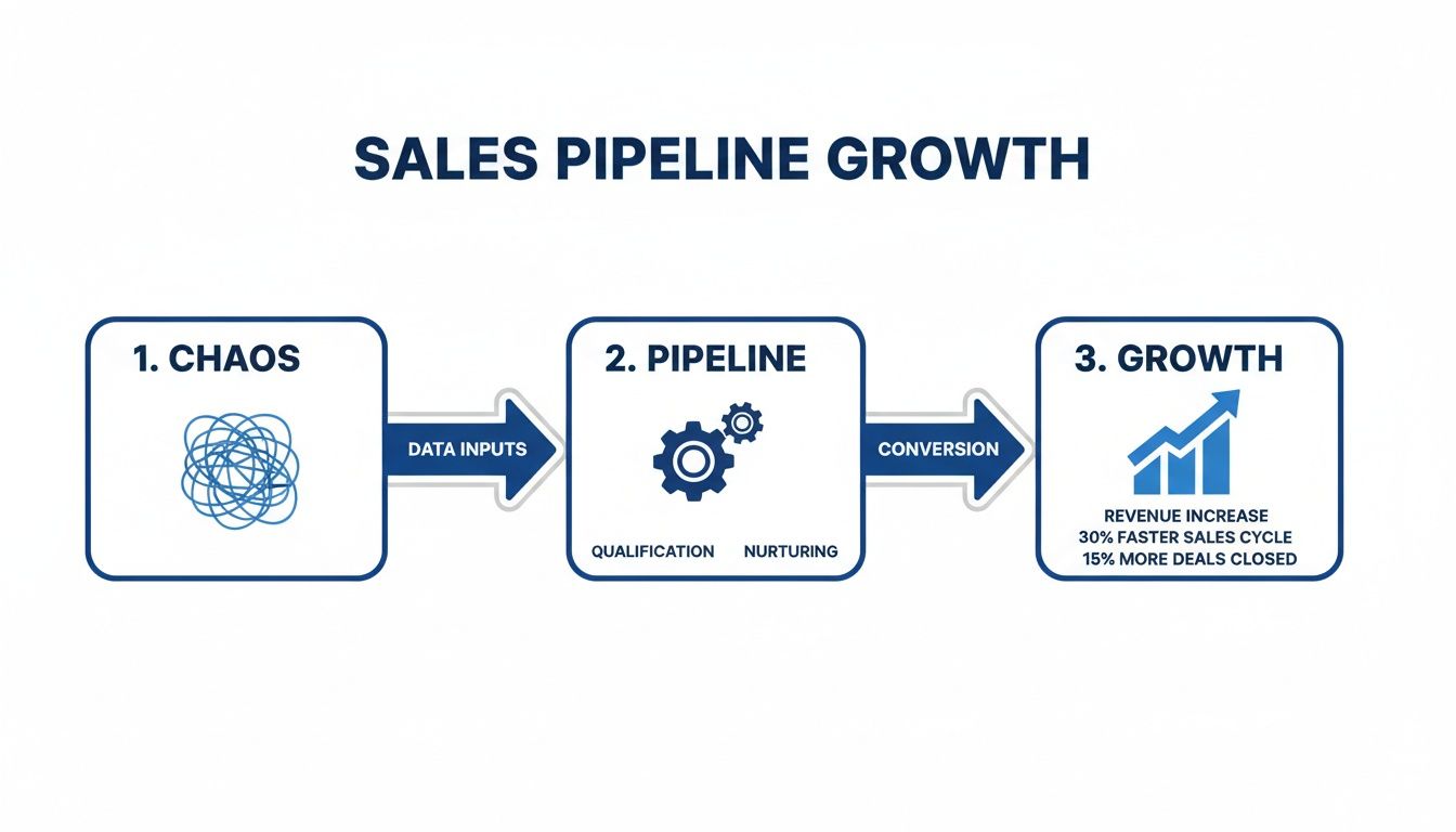 Flowchart illustrating sales pipeline growth from initial chaos to structured process with gears, leading to revenue increase.