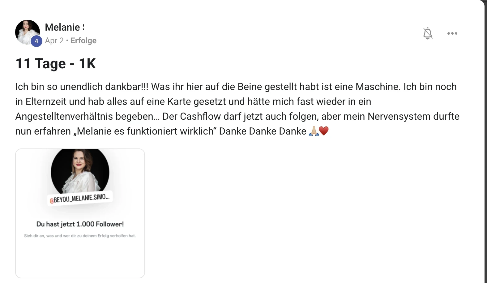 Kundenstimme KI Creator Akademie: Melanie erreicht 1.000 Follower in 11 Tagen während der Elternzeit