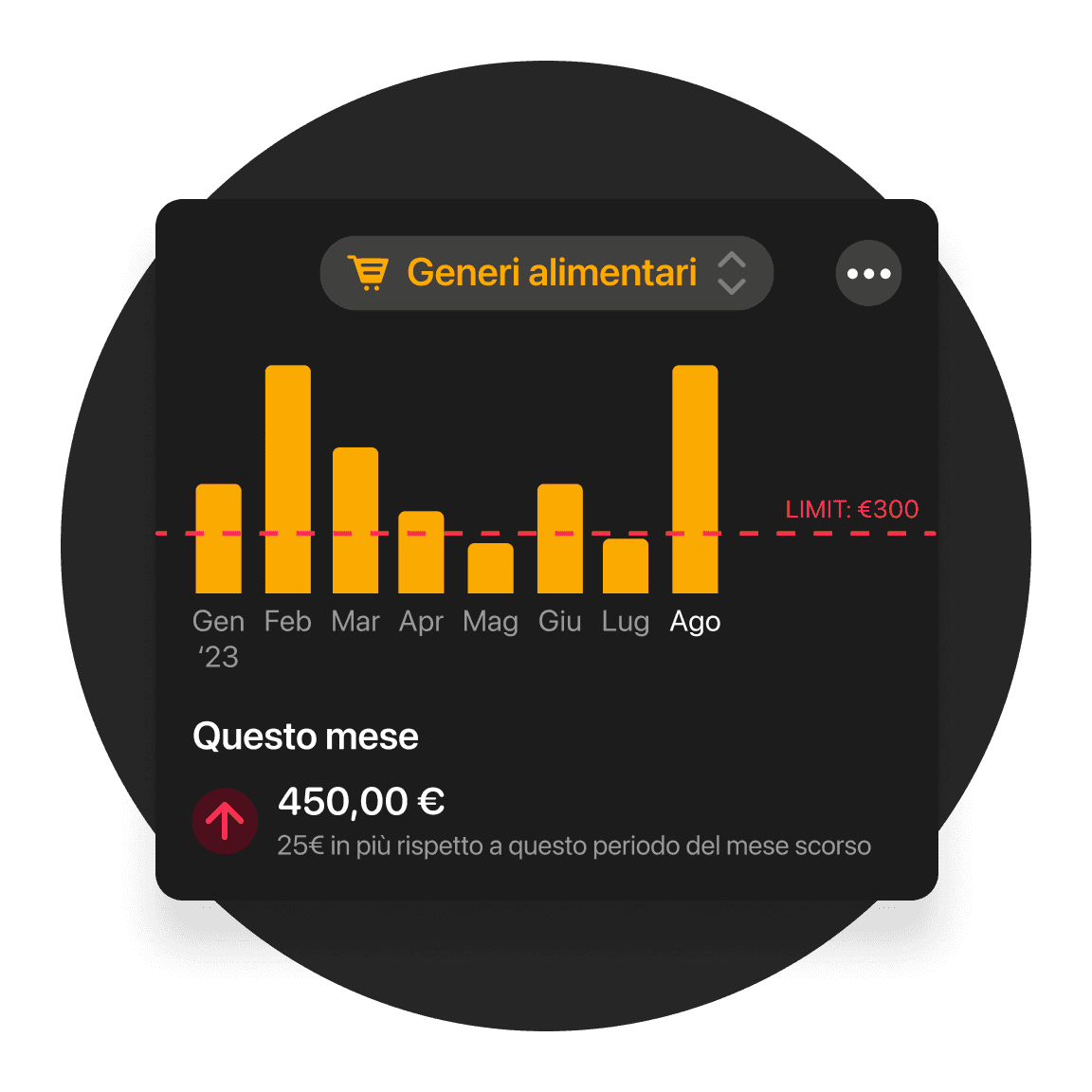 Grafico a barre che mostra le categorie di spesa e le tendenze in giallo su un'interfaccia scura.