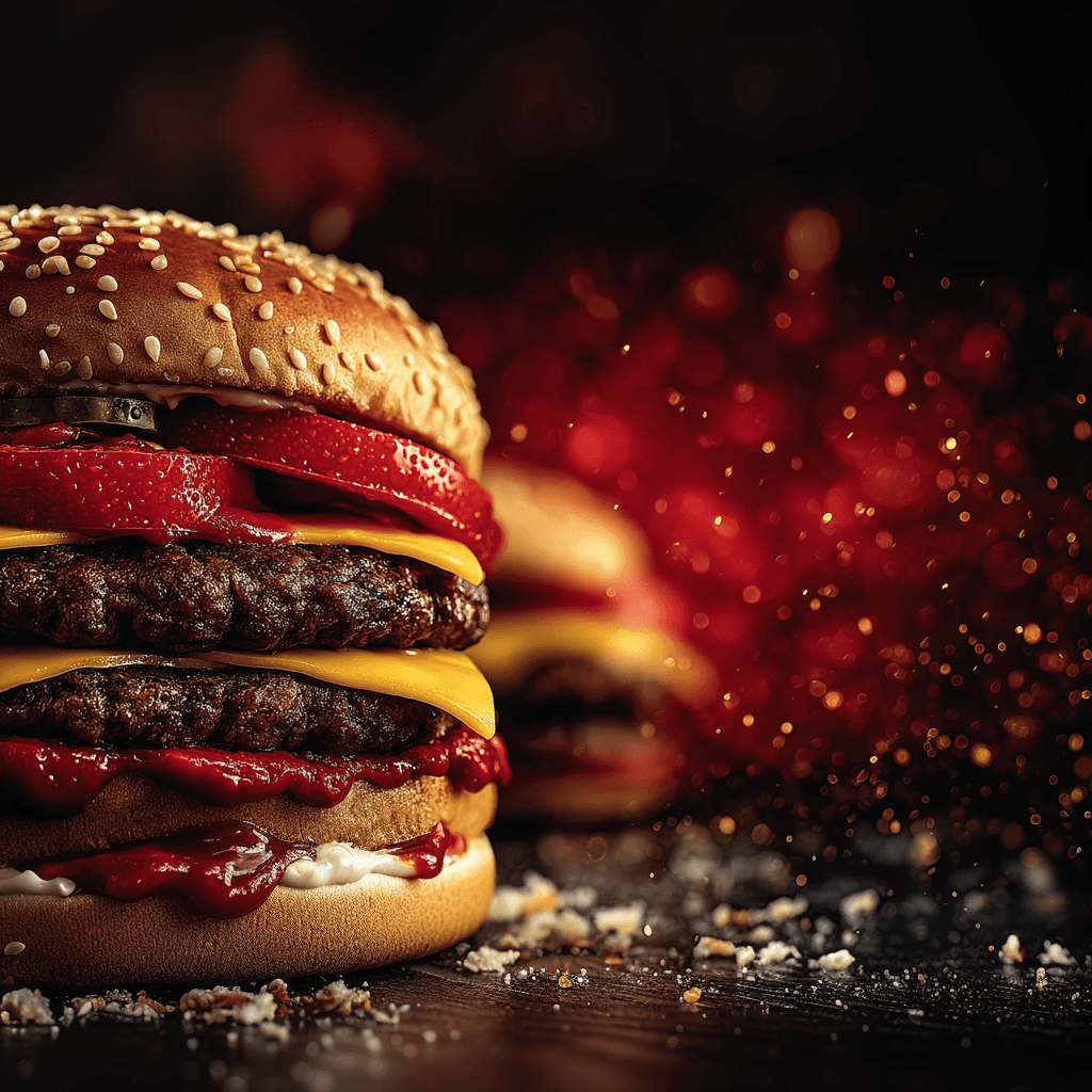 Double-patty cheeseburger with melted cheese and tomatoes.