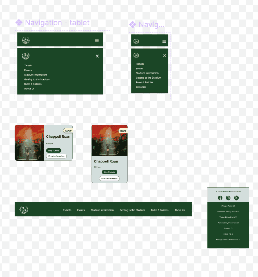 Responsive component versions showing navigation menus for tablet and mobile, event cards, desktop navigation bar, and footer variations