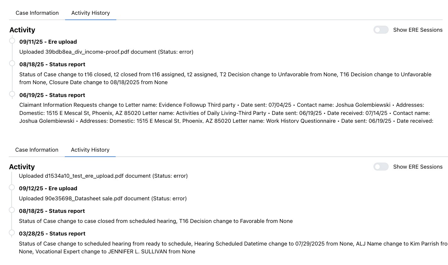 activity history for the ERE