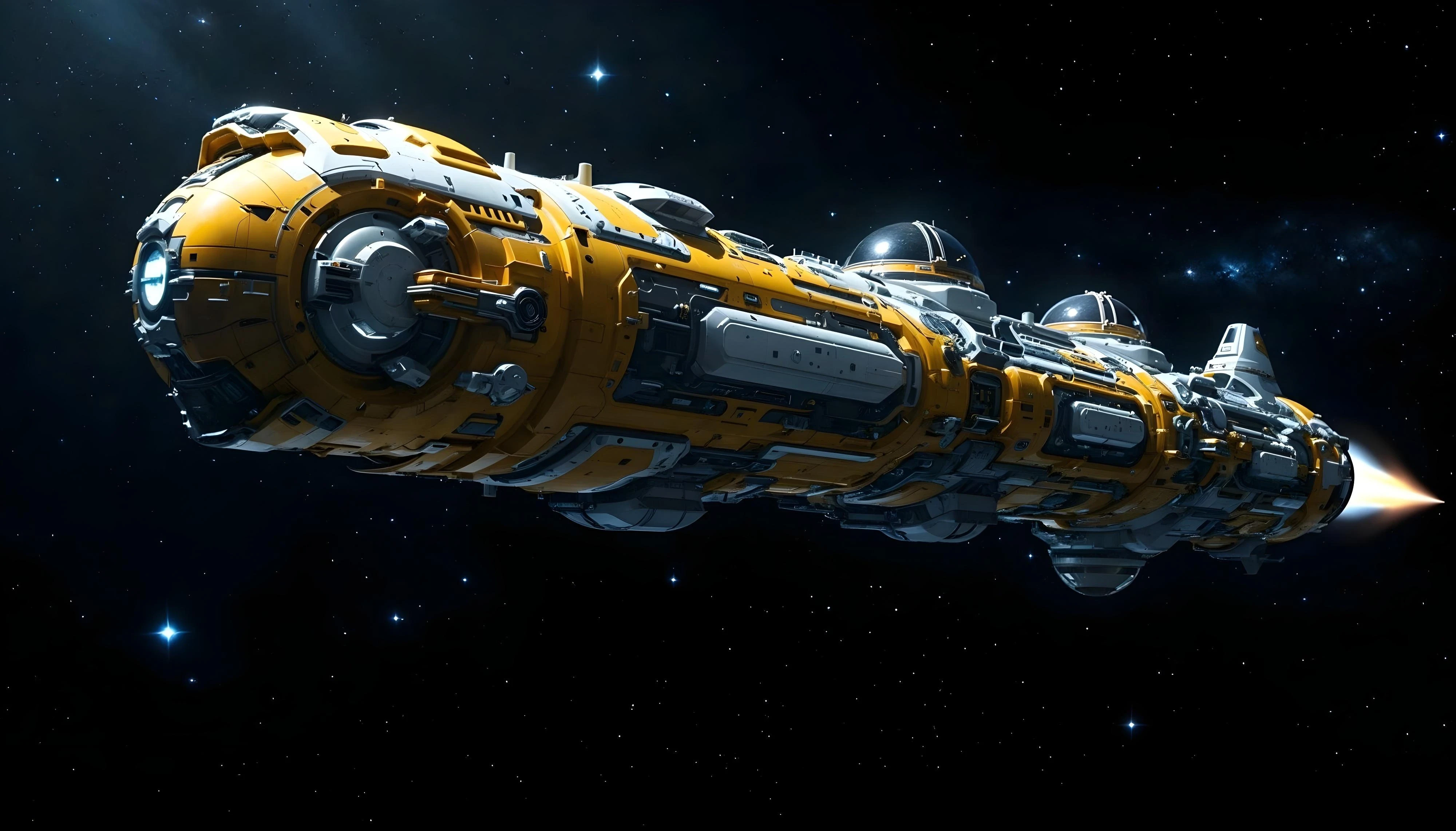 A futuristic spaceship with a yellow and silver exterior travels through space. It has a sleek, elongated design and is set against a backdrop of stars, with a bright glow at the rear indicating speed or propulsion.