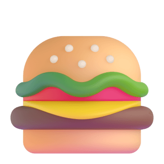 A cartoon-style hamburger with a sesame seed bun, layers of lettuce, tomato, and a beef patty.