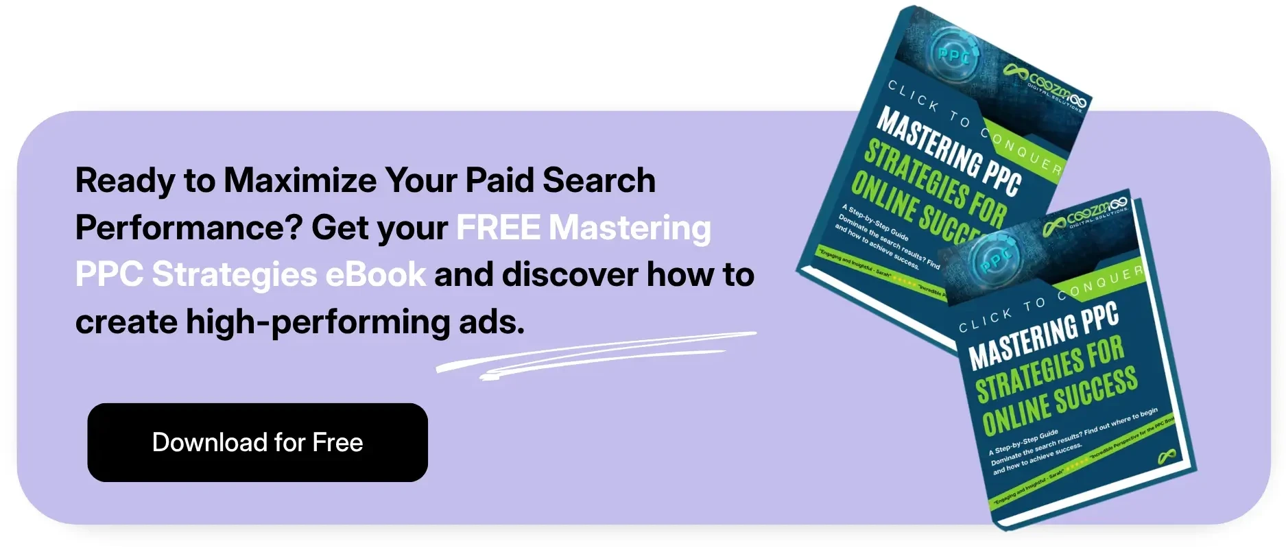 A Call-to-action to Coozmoo's Mastering PPC Strategies for Online Success ebook