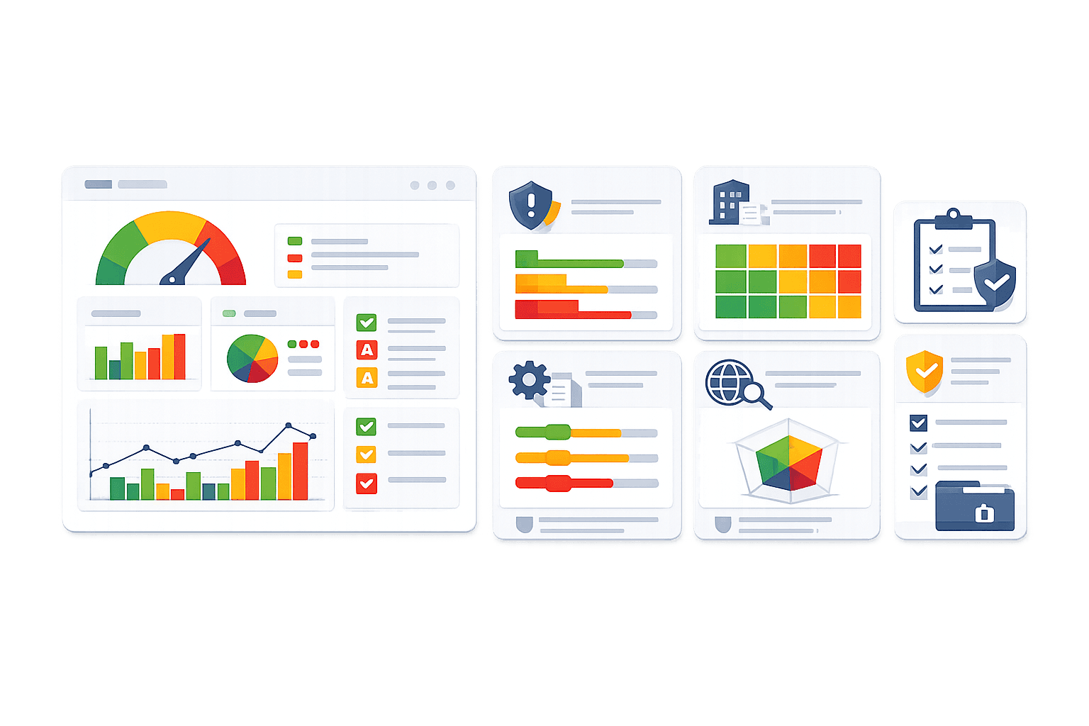 Ilustrasi risk, compliance, dan performance analytics dashboard terintegrasi. Tampilan menampilkan panel utama dengan gauge risiko berwarna hijau–kuning–merah, grafik tren dan diagram batang, serta status penilaian. Di sisi kanan terdapat modul pendukung seperti keamanan dan kontrol (ikon perisai), matriks penilaian (heatmap), pengaturan proses, analisis multidimensi (radar chart), checklist kepatuhan, dan proteksi data. Visual menggambarkan pemantauan kinerja, manajemen risiko, dan kepatuhan secara terpadu dalam satu platform analitik.