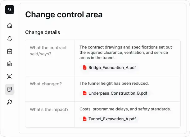Volve change control area showing contract change details with source documents