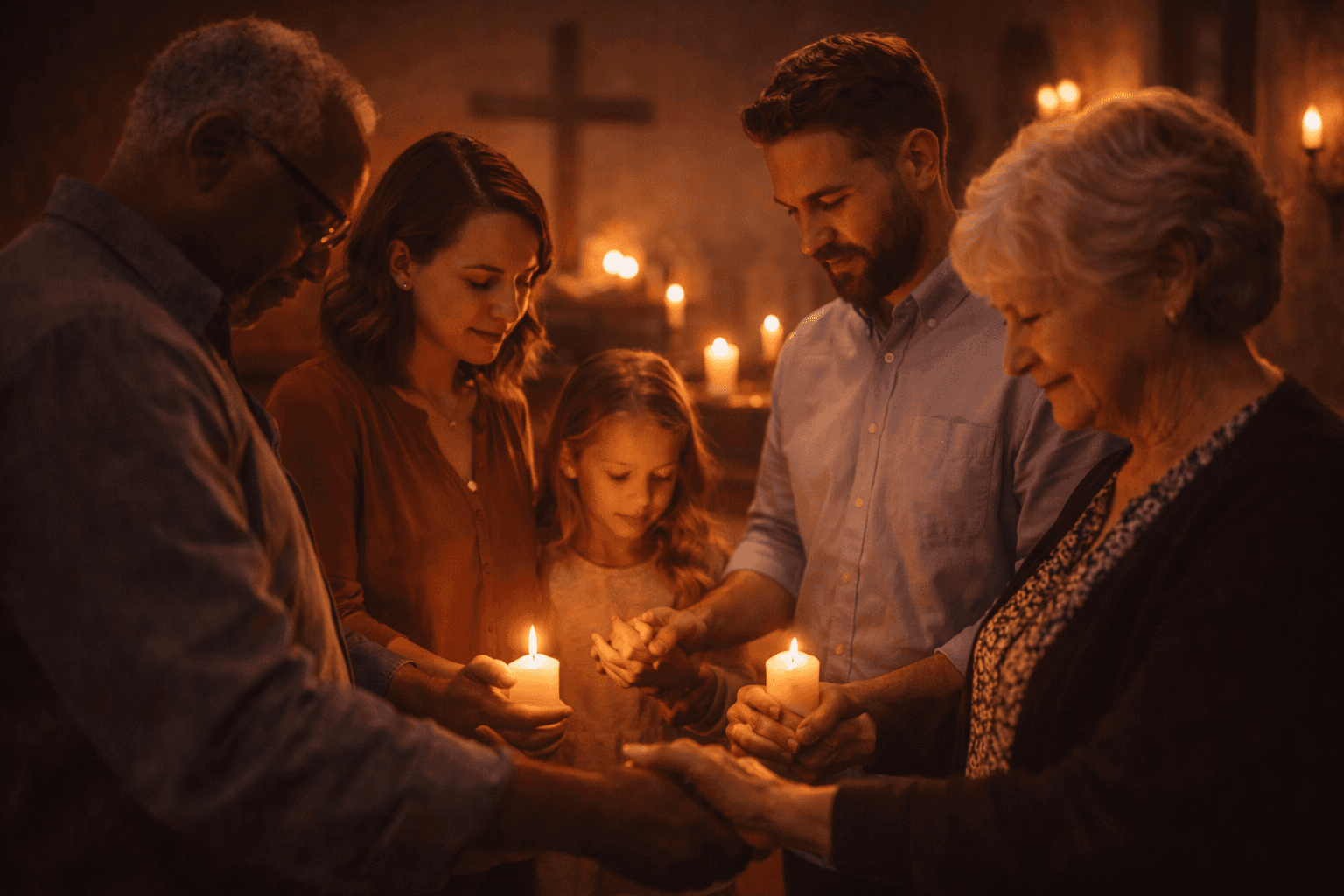 Church congregation holding candles during a Christmas worship service inside a softly lit church decorated for the holiday.
