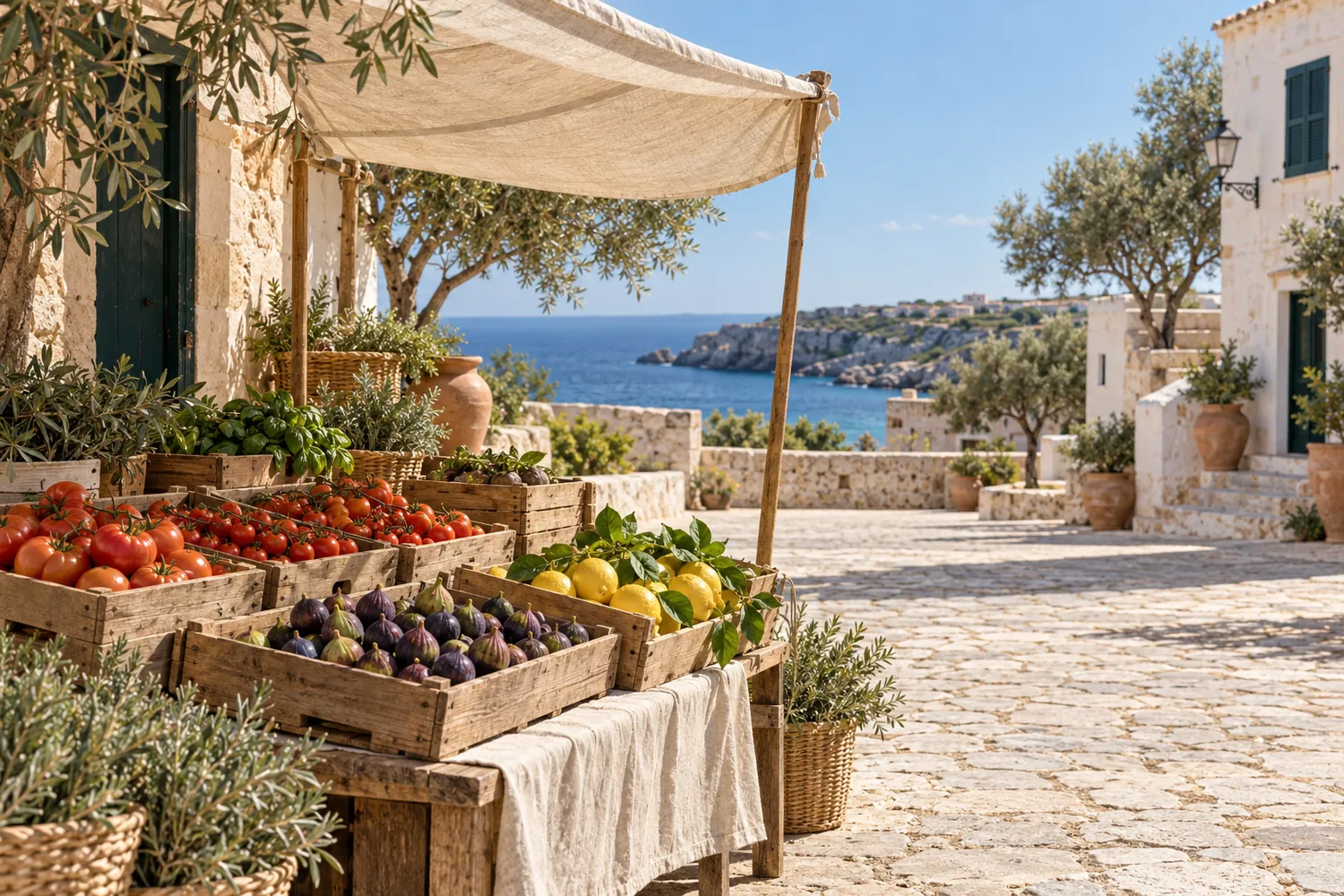 Crates of tomatoes, figs and lemons at a morning market